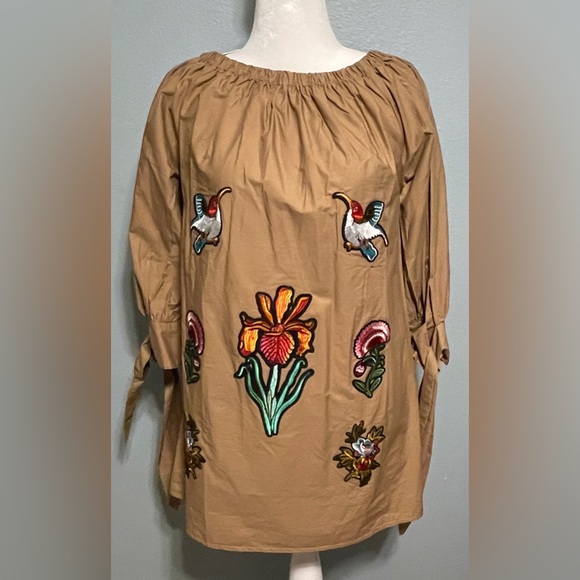 Velzera Gold Embroidered Tunic Dress Floral Birds Boho Peasant Artisan Large - Picture 2 of 8